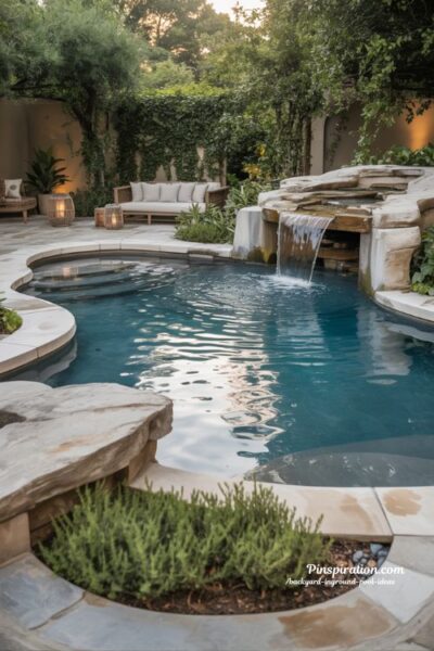 Backyard pool waterfall ideas with natural stone and relaxing outdoor retreat