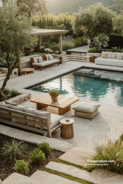 Balanced backyard pool landscaping ideas with complete outdoor living design