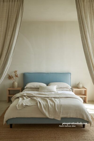 Beach bedroom ideas with a soft blue upholstered bed frame and calming coastal textures