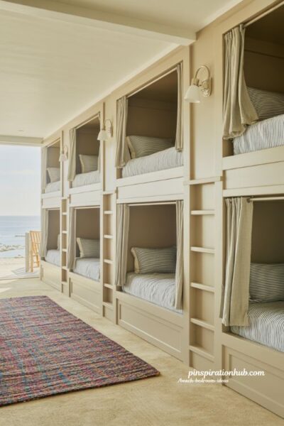 Beach bedroom ideas with built-in bunk beds for a functional coastal family sleep space