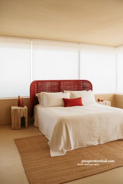 Beach bedroom ideas with red coastal accents in a calm white and natural wood interior