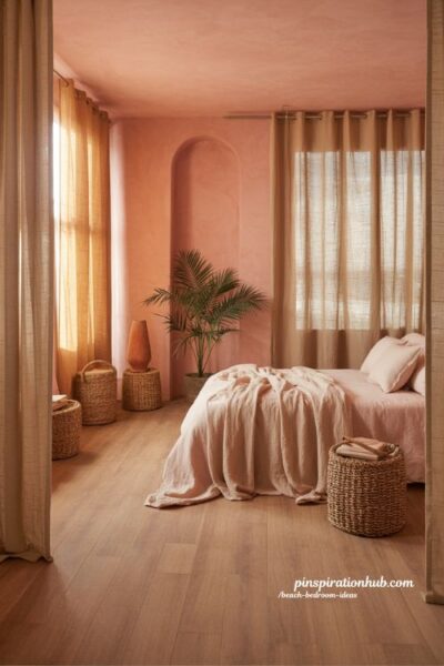 Beach bedroom ideas with shell pink coastal walls and warm natural textures for a soft elegant retreat