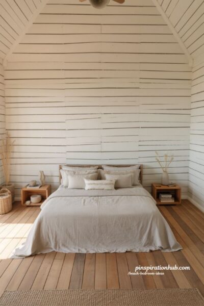 Beach bedroom ideas with white shiplap walls and natural coastal textures for a calm retreat