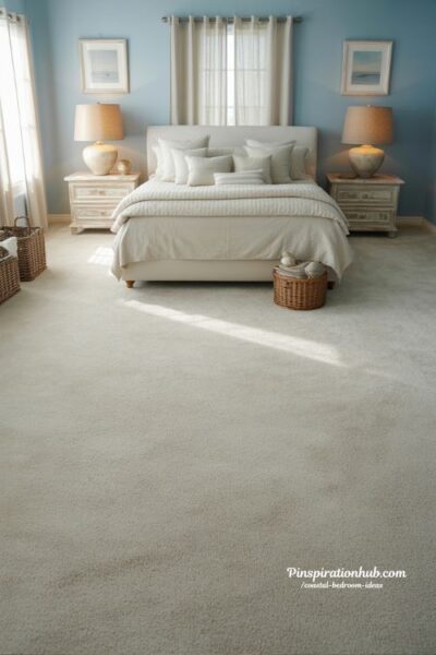 Beach cottage bedroom with soft blue walls and white carpet