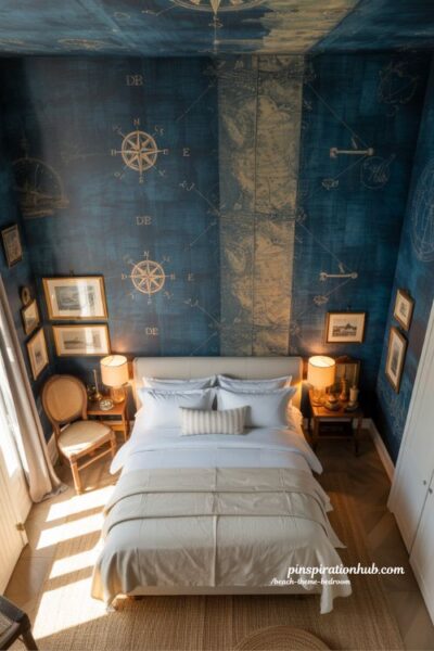 Beach theme bedroom with blue and gold wallpaper feature wall and vintage coastal charm