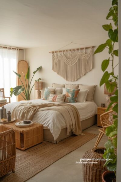 Beach theme bedroom with bohemian coastal decor macramé wall hanging and indoor plants