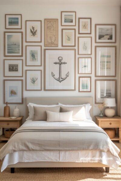 Beach theme bedroom with coastal gallery wall and framed ocean art above bed