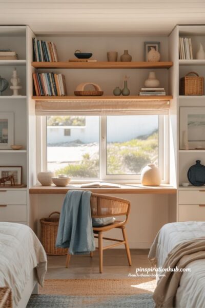Beach theme bedroom with coastal study nook by window and light natural workspace