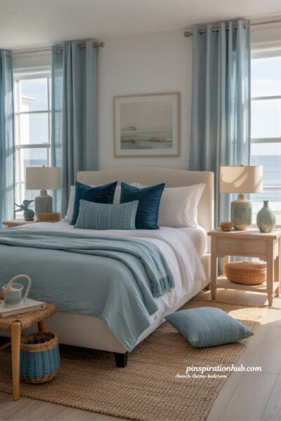 Beach theme bedroom with layered blue bedding cushions and coastal textures