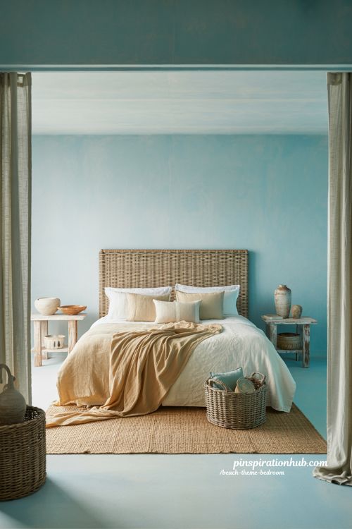 Beach theme bedroom with rattan textures linen bedding and calming coastal colors