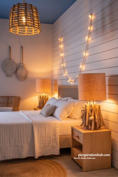 Beach theme bedroom with rope pendant driftwood lamps and warm coastal lighting