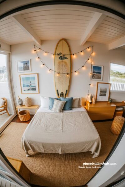Beach theme bedroom with vintage surfboard wall art and relaxed surf shack style