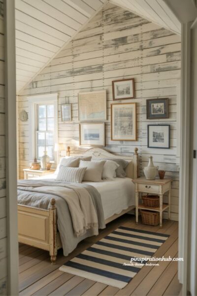 Beach theme bedroom with white shiplap walls vintage furniture and cottage coastal charm