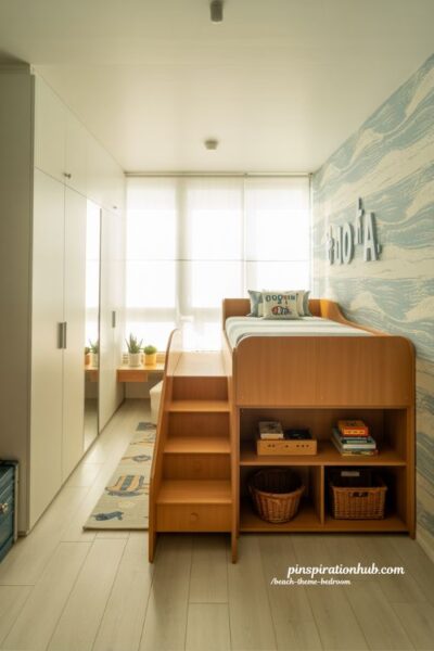 Beach theme kids bedroom with bunk beds storage and coastal surf inspired design
