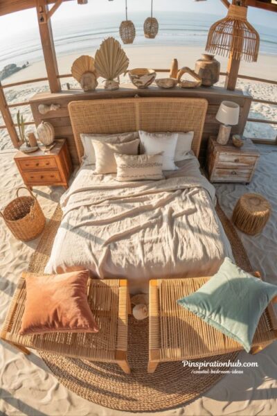 Boho beach bedroom with rattan headboard and reclaimed wood decor