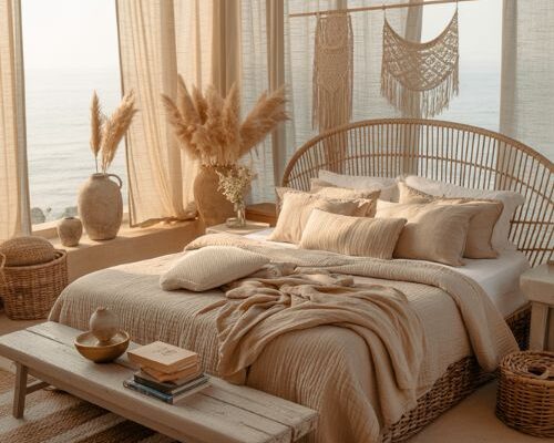 Boho coastal bedroom ideas with rattan headboard linen bedding and warm beach house decor