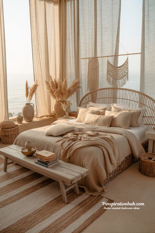 Boho coastal bedroom ideas with rattan headboard linen bedding and warm beach house decor
