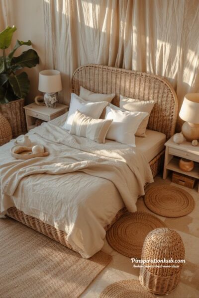 Boho coastal bedroom ideas with woven rattan bed frame white linen bedding and soft blue accents