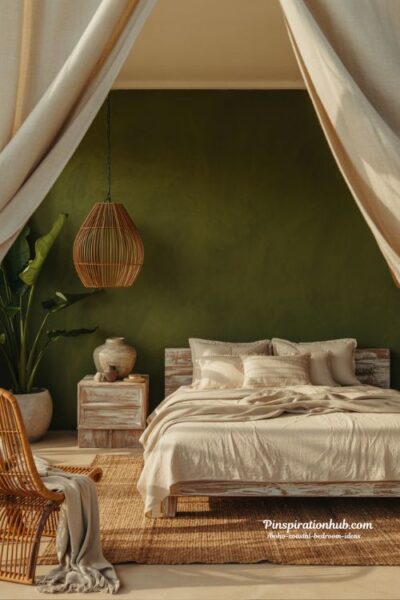 Boho coastal bedroom with deep green accent wall rattan pendant light and natural wood decor