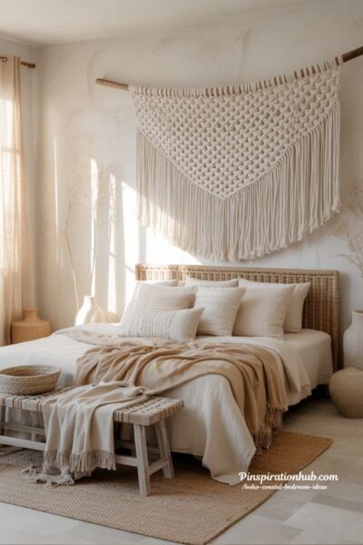 Boho coastal bedroom with oversized macrame wall hanging and neutral textured decor