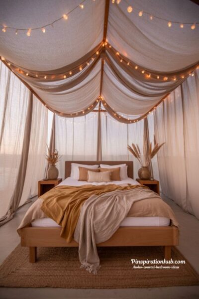 Boho coastal canopy bed bedroom with sheer linen drapes fairy lights and soft neutral decor