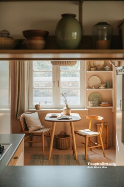 Boho kitchen ideas with cozy dining corner and warm intimate atmosphere