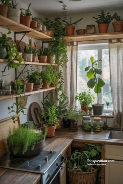 Boho kitchen ideas with green plants and natural warm atmosphere