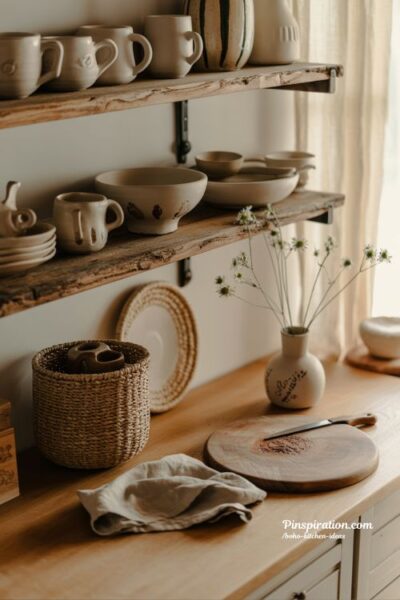 Boho kitchen ideas with handmade decor and warm natural textures
