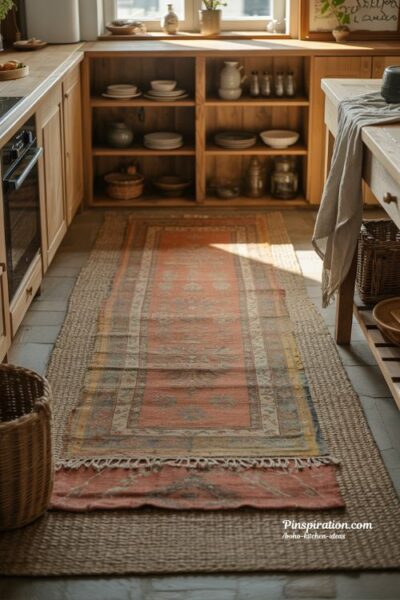 Boho kitchen ideas with layered rugs and warm textured flooring