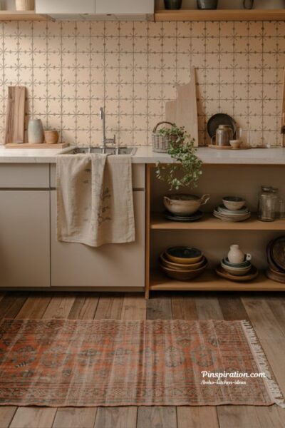 Boho kitchen ideas with mixed patterns and balanced earthy tones