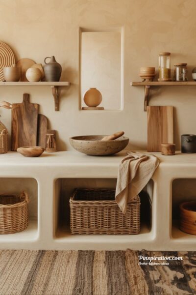 Boho kitchen ideas with mixed textures and warm layered materials