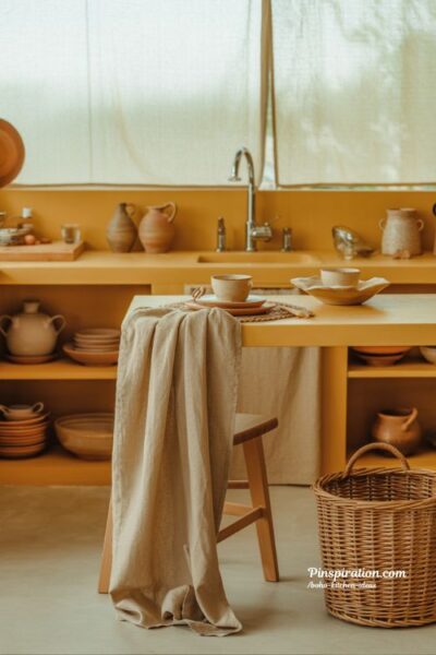 Boho kitchen ideas with natural wood clay and linen warmth