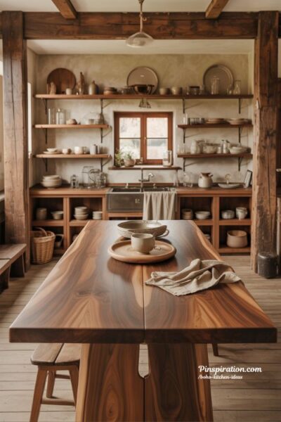 Boho kitchen ideas with rustic wood elements and warm natural grounding