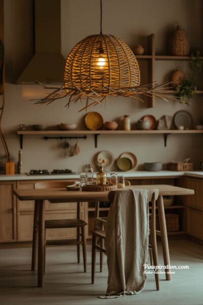 Boho kitchen ideas with warm statement lighting and cozy evening mood