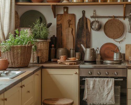 Boho kitchen ideas with warm tones and collected natural textures