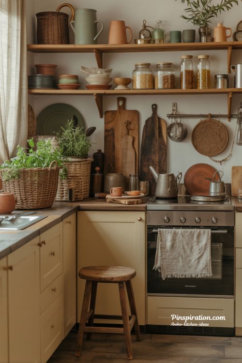 Boho kitchen ideas with warm tones and collected natural textures