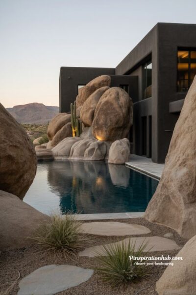 Boulder desert pool beside matte black modern house with dramatic canyon atmosphere