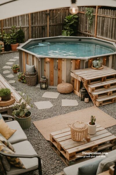Budget above ground pool deck ideas with simple rustic backyard style