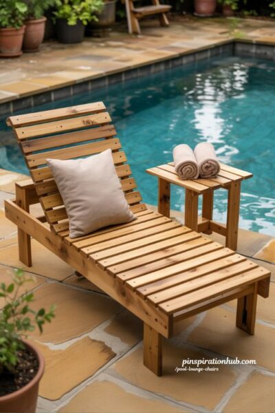 Budget friendly DIY wooden pool lounge chair beside a simple backyard pool deck