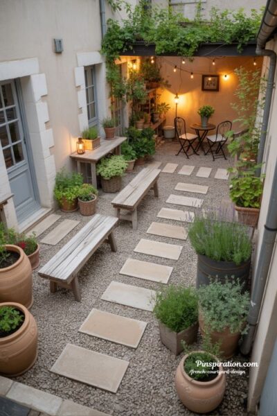Budget friendly French courtyard design with gravel paths reused wood and simple cozy garden lighting