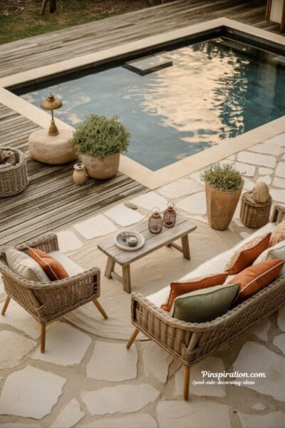 Budget friendly pool side decorating ideas with simple outdoor styling and collected natural charm