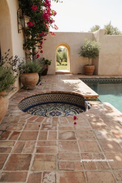 Built-in Spanish style spa and pool with Moorish decorative tile work and terracotta patio