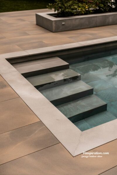 Built in jacuzzi outdoor ideas with clean stone design and modern backyard spa layout