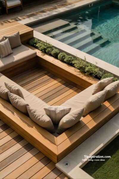 Built in poolside seating corner design with wooden bench and cozy modern backyard outdoor living space