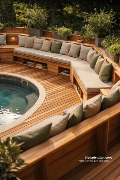 Built-in seating above ground pool deck ideas with smart space-saving backyard design