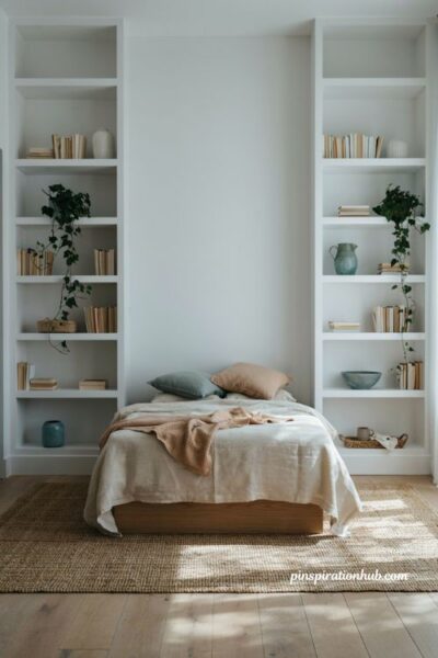 Built in shelving ideas for a character filled neutral coastal bedroom