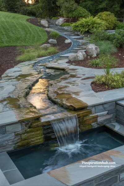 Cascading water feature for sloped backyard with stone waterfall and stream
