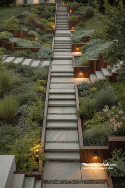 Central staircase ideas for steep small backyard with layered hillside planting and stone steps