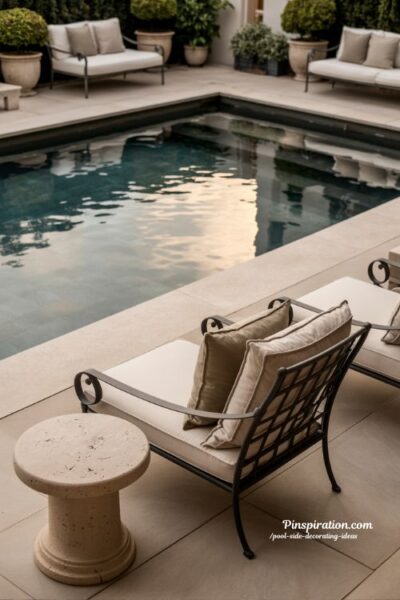 Classic elegant backyard pool side decorating ideas with neutral tones and timeless structured outdoor design