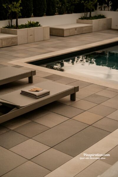 Clean modern pool side decorating ideas with neutral outdoor furniture and calm minimalist styling